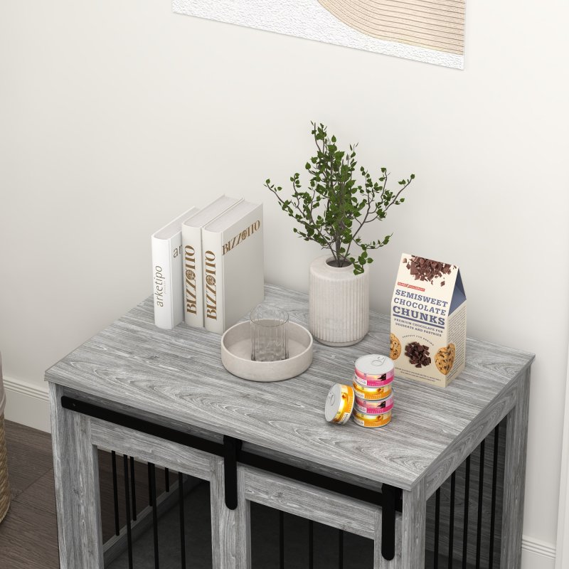 PawHut Dog Crate Furniture, Dog House Furniture Style for Medium Breeds, Pet Kennel with Removable Cushion for Indoor Use, 80 x 54 x 57cm, Grey