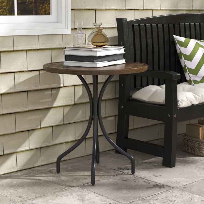 Outsunny 66cm Garden Side Table, Round Bistro Coffee Table, Outdoor Patio Table with Steel Frame and Slat Tabletop for Balcony and Porch, Brown Wood Grain