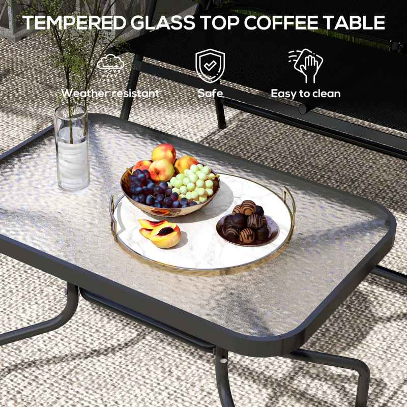 Outsunny Outdoor 4 Pieces Patio Furniture Set with Breathable Mesh Fabric Seat & Backrest, Garden Set with Two Foldable Armchairs, a Loveseat & Glass Top Table, Black