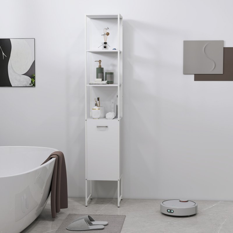 HOMCOM Tall Bathroom Cabinet, Slim Bathroom Storage Cabinet with 3 Open Shelves and Adjustable Shelf, Freestanding Storage Cupboard, 33 x 33 x 185 cm