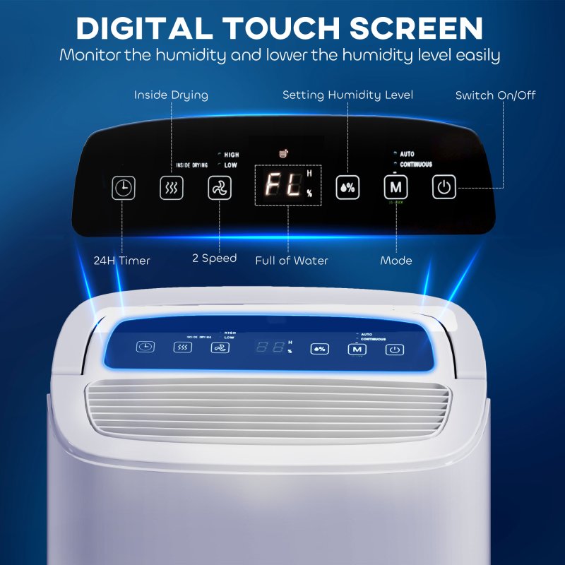 HOMCOM 20L/Day Dehumidifier with Continuous Drainage, 5L Water Tank, 24H Timer, Digital Humidity Display, Humidity Light, Dehumidifier for Home Damp, Bedroom, Condensation, Mould, Laundry Drying