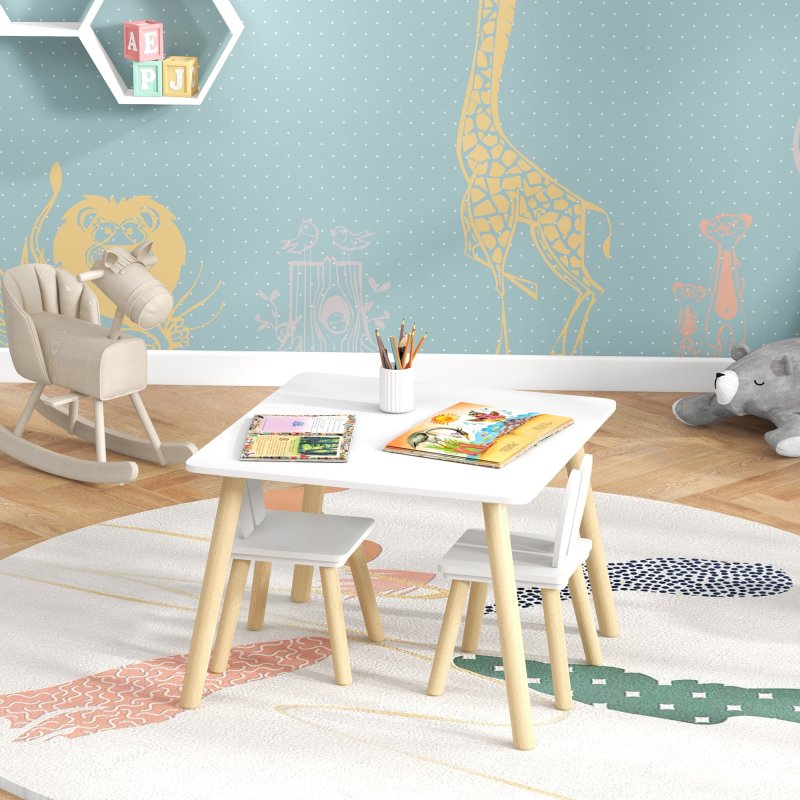 AIYAPLAY 3 Pieces Toddler Table and Chair Set, Kids Desk and 2 Chairs Set with Cute Bunny Ear Backrest, Wooden Legs, for Nursery, Playroom, Classroom - White
