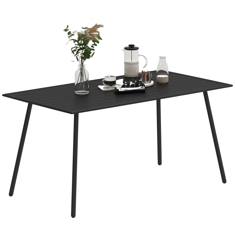 Outsunny Garden Dining Table for 6 Person, Rectangle Outdoor Table with Easy Clean Slat Top, Rust Resistant Steel Frame, for Terrace, Balcony, 150 x 80 x 74 cm, Black