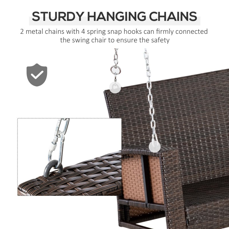 Outsunny 2 Seater Rattan Garden Swing Chair, Porch Swing Bench Loveseat with Cushion, Wicker Outdoor Hanging Swinging Seat with 2 Metal Chains, 250 KG Capacity for Patio, Balcony, Cream White