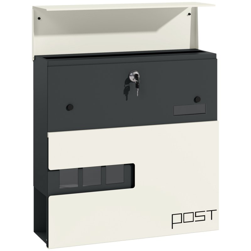 HOMCOM Wall Mounted Post Box with Viewing Window, 2 Lock, Modern Galvanised Steel Mailbox with Copper Core, Weatherproof Letterbox for Outdoor Use, Easy to Install, White