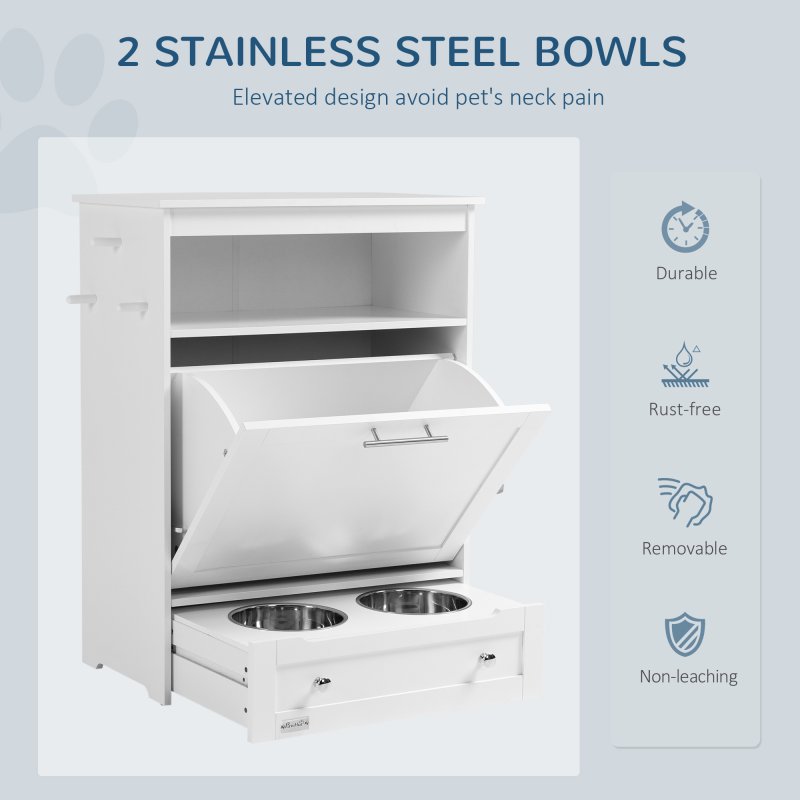 PawHut Pet Feeder Station, Dog Food Storage Container w/ Raised Dog Bowls, Hanger, for Food and Water - White