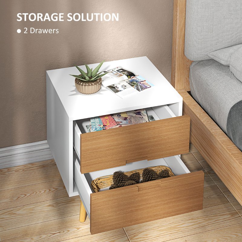 HOMCOM Bedside Table, Modern Nightstand with 2 Drawers, Small Sofa End Table with Storage and Solid Wood Legs for Bedroom, Living Room, Brown