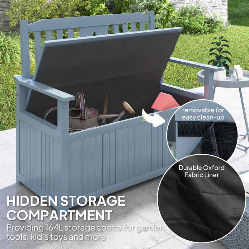 Outsunny 2 Seater Garden Storage Bench, 164L Outdoor Storage Box with Backrest Flower Pattern, Wooden Garden Bench with Armrests, 125 x 68.5 x 97cm, Grey
