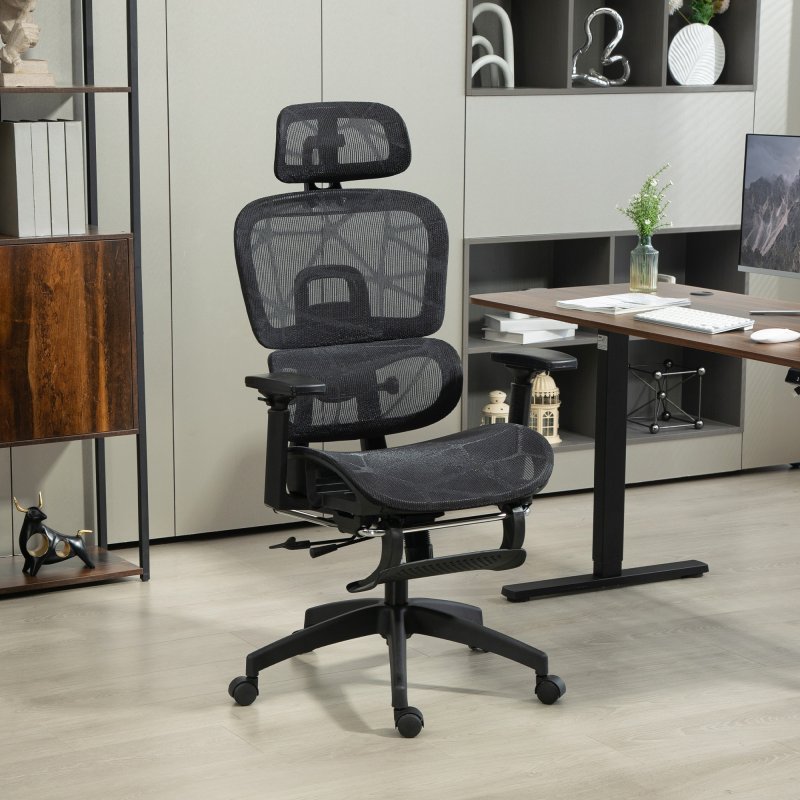 HOMCOM Ergonomic Office Chair, Mesh High Back Computer Desk Chair with 3 Level Adjustable Back, Adjustable Lumbar Support, Swivel Recliner with 3D Armrest, Headrest, Footrest, Black