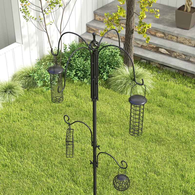 Pawhut Bird Feeding Station Kit, Wild Bird Feeder Pole with 6 Hooks, 4 Hanging Feeders for Peanuts, Seed, Fat Balls, for Garden, Outdoor, Black