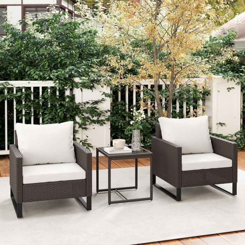 Outsunny 3 Pieces Rattan Bistro Set with 4 Cushions, Wicker Garden Furniture Set, Glass Top Coffee Table and Chairs for Outdoor Patio, Balcony, Terrace and Conservatory, Brown