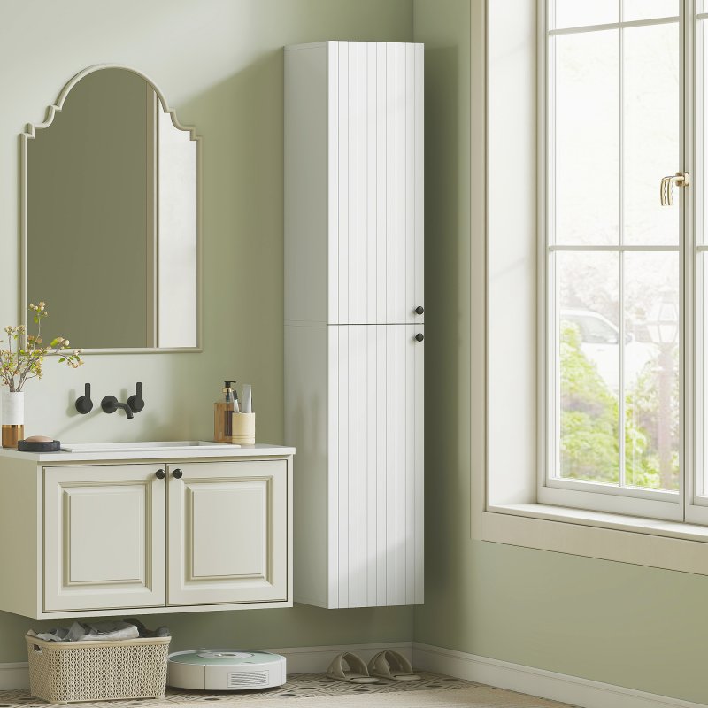 HOMCOM 300 x 1610 mm Wall Mounted Tall Bathroom Cabinet with Soft-Close Hinges, Slim Bathroom Storage Cabinet with 2 Doors, Modern Narrow Storage Cupboard, White