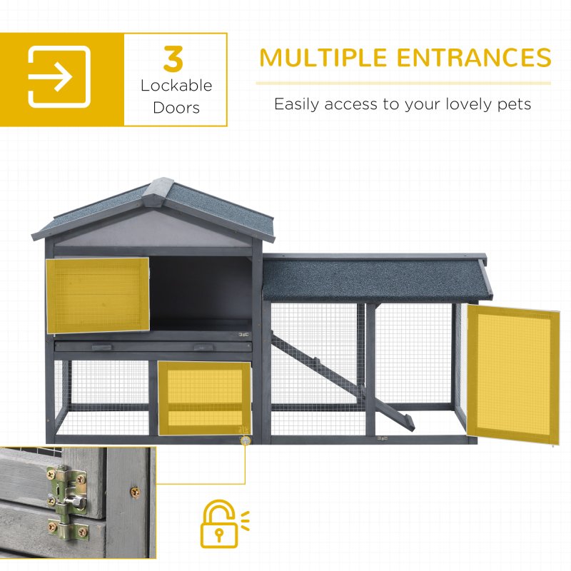 PawHut Wooden Rabbit Hutch Outdoor, Double Tier Guinea Pig Hutch, Small Animal House Water-Resistant Roof Ramp 147 x 54 x 84 cm, Grey