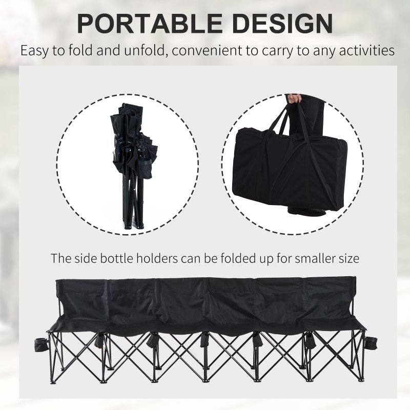 Outsunny 6 Seater Folding Bench, Outdoor Camping Chair Portable Sports Spectator Chair with Metal Frame, Cup Holder & Carry Bag, Black