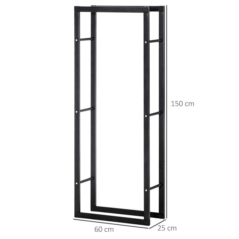 HOMCOM Metal Firewood Log Holder Tall Firewood Rack Indoor Outdoor Fireplace Wood Storage Shelf with Side Rails, Rust-Resistant, Black, 60W x 25D x 150H cm