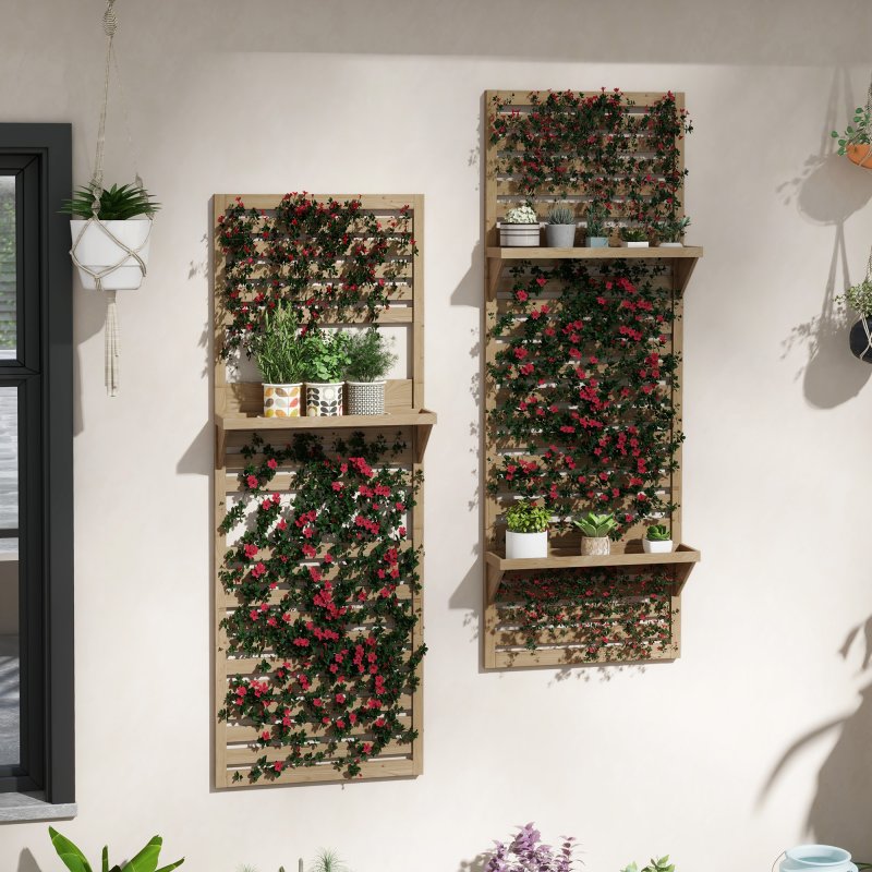 Outsunny Set of 2 Wall Mounted Plant Stand with Trellis, 170cm Wooden Plant Rack with Hanging Planter Shelves and Slatted Trellis for Climbing Plants, for Patio, Balcony, Porch, Natural