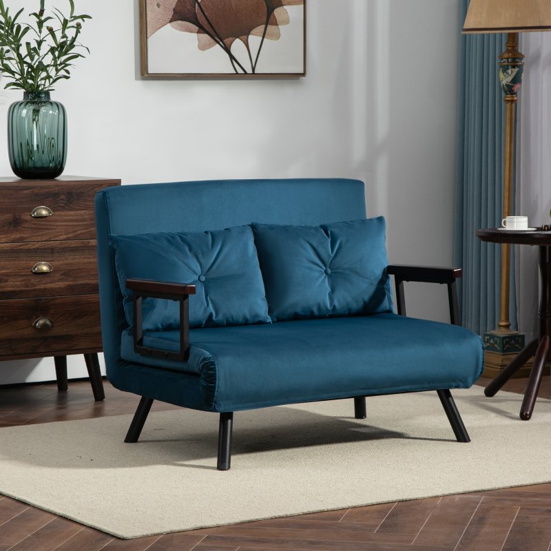 HOMCOM 2 Seater Sofa Bed, Click Clack Convertible Bed Settee, Modern Velvet Feel Fabric Sofa Couch with 2 Tufted Cushions, Wood Armrests for Living Room, Bedroom, Guest Room, Navy Blue