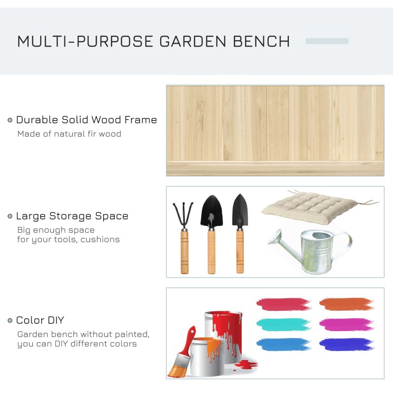 Outsunny Garden Arch Wood Bench Outdoor Storage Box Garden Furniture Chair 115L x 45W x 75Hcm, Natural