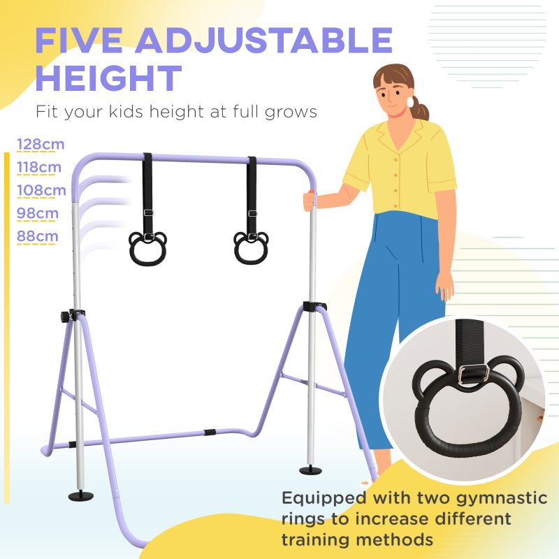 HOMCOM Kids Gymnastics Bar, Horizontal Bar for Kids, Adjustable Height Folding Gymnastics Equipment with Gymnastic Rings, Non-slip Rubber Floor Rings, for Home, Flat, Purple