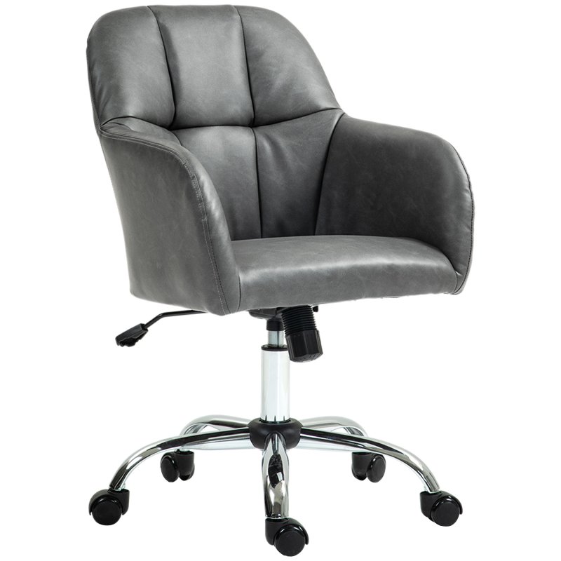 HOMCOM Computer Desk Chair, PU Leather Swivel Office Chair, Makeup Vanity Chair with Height Adjustable, Wheels, for Home Study Bedroom, Grey