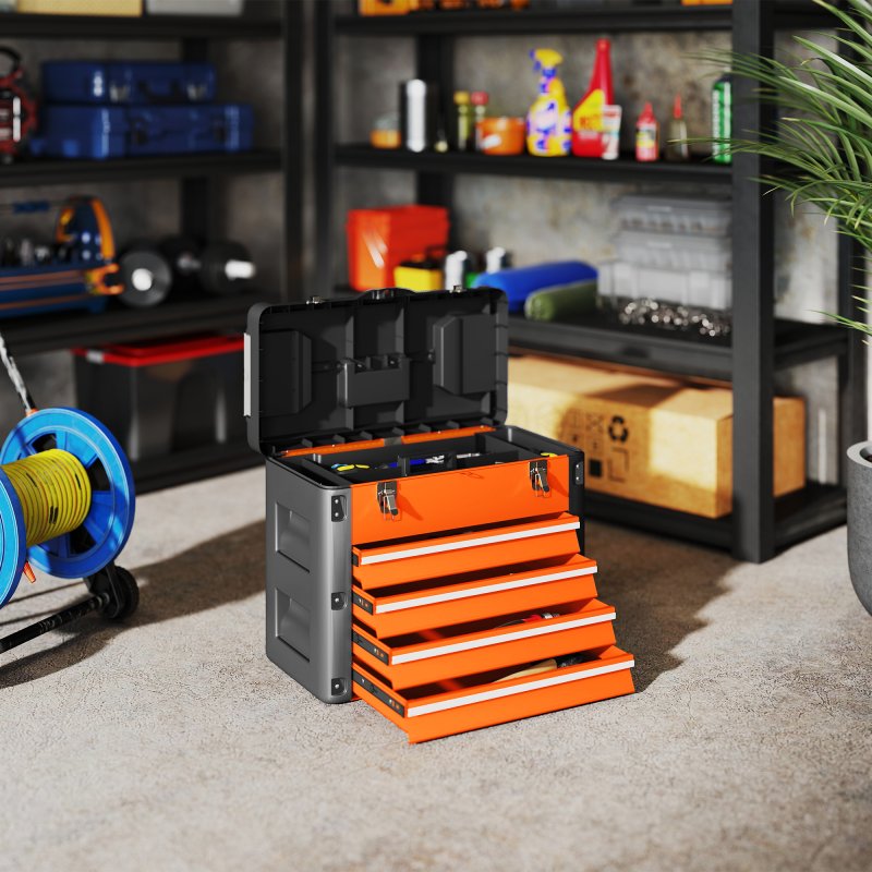 HOMCOM 4 Drawers Large Tool Box, Powder Coated Steel Toolbox with Top Tray, Mini Parts Boxes, Ball Bearing Runners, Handle, Heavy Duty Tool Chest for Workshop, Garage, 497mm x 253mm x 407mm, Orange