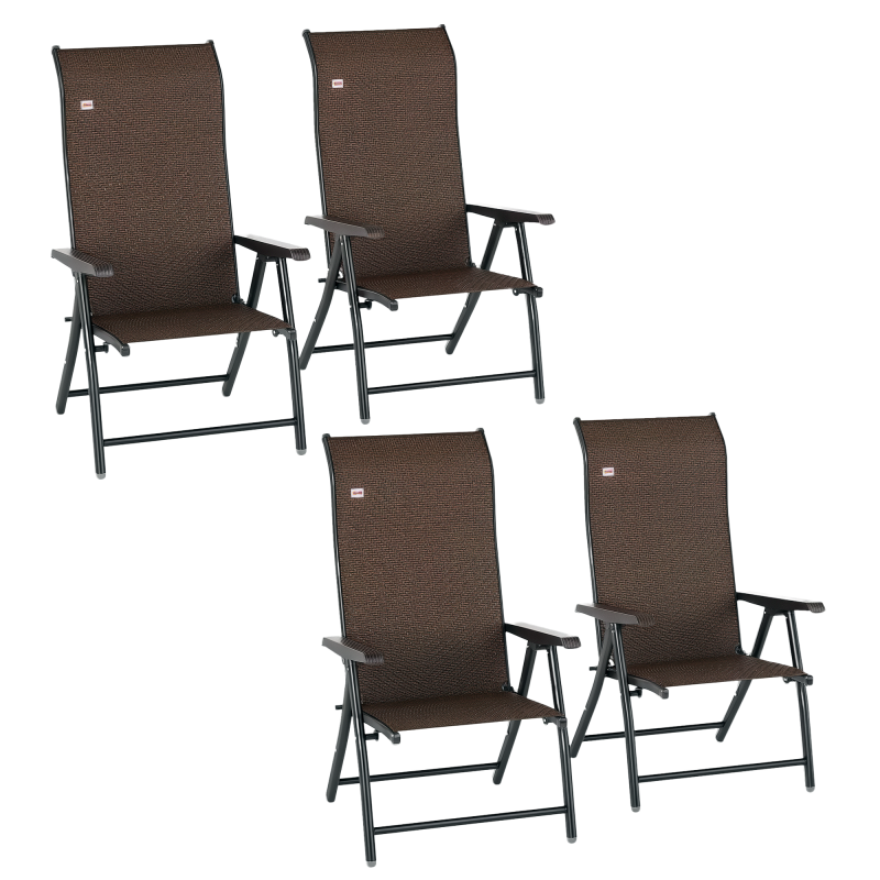 Outsunny Set of 4 Outdoor Wicker Folding Chairs, Patio PE Rattan Dining Armrests Chair set with 7 Levels Adjustable Backrest, for Outdoors, Camping, Dark Brown