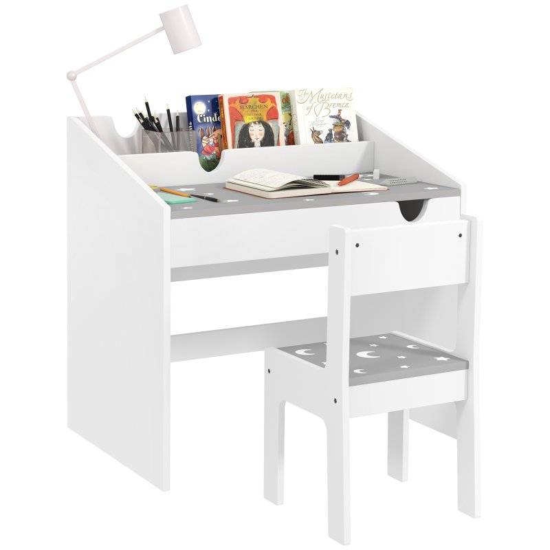 AIYAPLAY Kids Desk and Chair Set, Children Study Table and Chair with Storage, Pull-Out Drawer, Star and Moon Pattern, for Bedroom, Playroom, Nursery, for Ages 3-6 Years, Grey