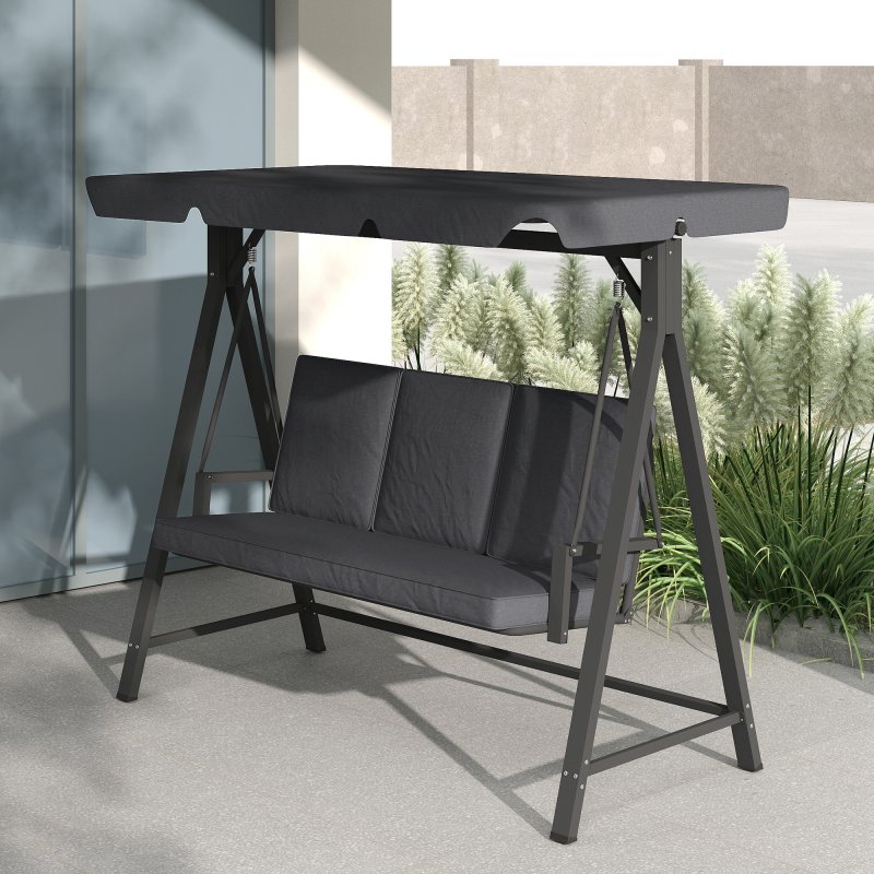 Outsunny 3 Seater Garden Swing Seat with UPF30+ Adjustable Canopy, Swing Chair with Cushion, Outdoor Hammock Bench for Balcony Patio, Dark Grey