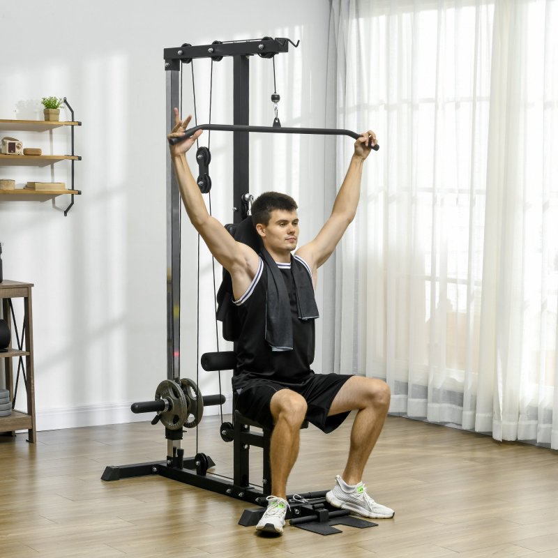 SPORTNOW Lat Pull Down Machine with Adjustable Seat, High and Low Pulley Cable Machine with Flip-Up Footplate, Multi-Function Home Gym Fitness Equipment - Black