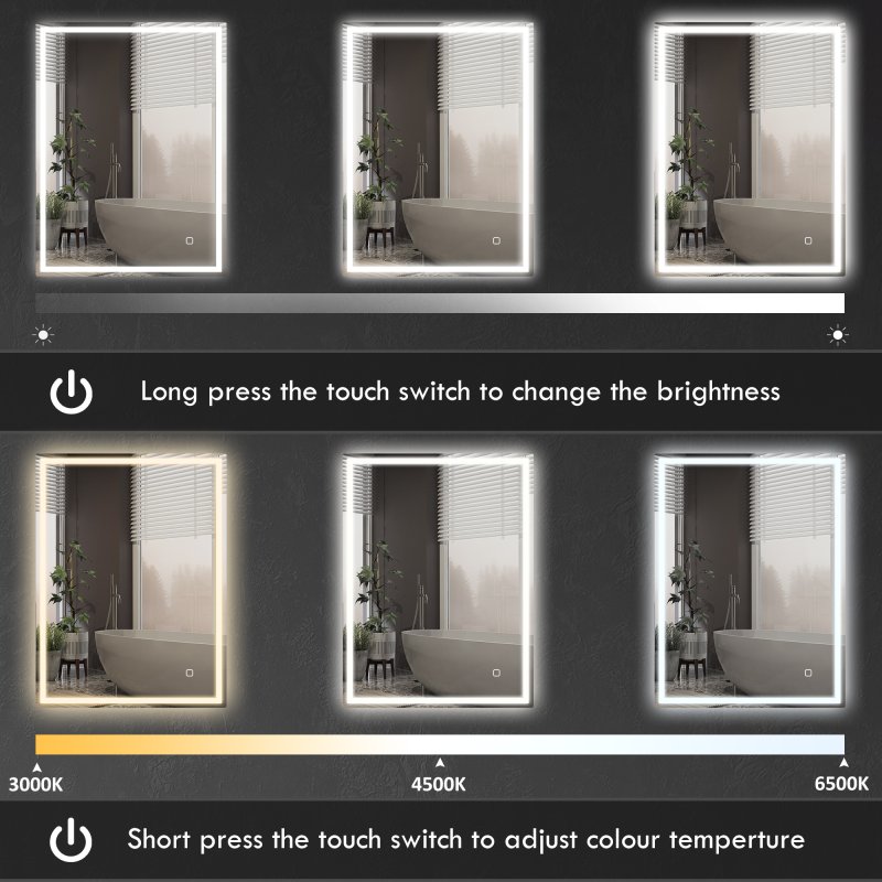 HOMCOM Bathroom Mirror with LED Lights, Illuminated Makeup Mirror with 3 Colours, Defogging Film and Memory Function, Hardwired, Horizontal or Vertical, 90 x 70cm