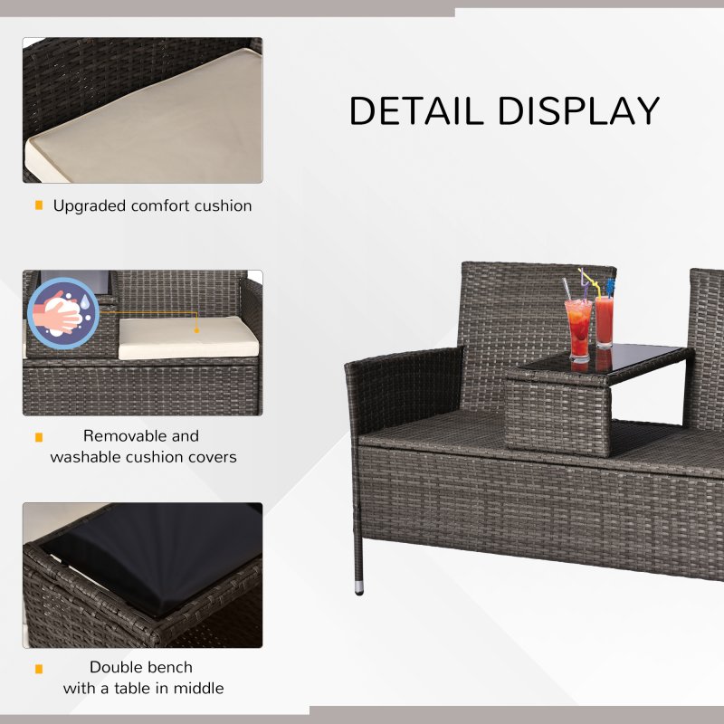 Outsunny 2 Seater Rattan Campanion Chair Wicker Loveseat Outdoor Patio Armchair with Drink Table Garden Furniture - Grey