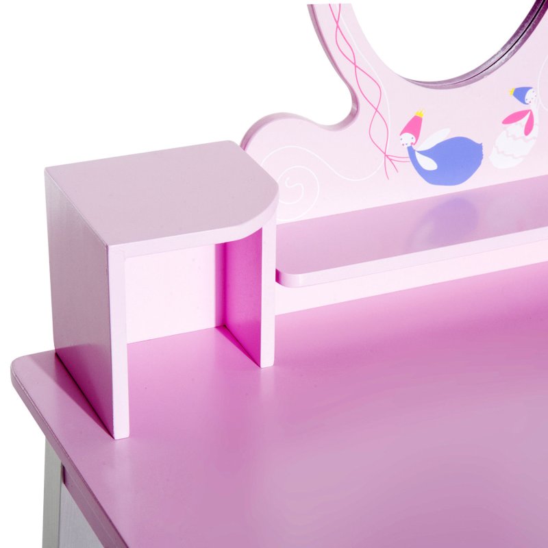 HOMCOM 2 PCS Kids Wooden Dressing Table and Stool Girls Vanity Table Makeup Table Set with Mirror Drawers Role Play Toy for Toddlers Age 3 Years +, Pink and White