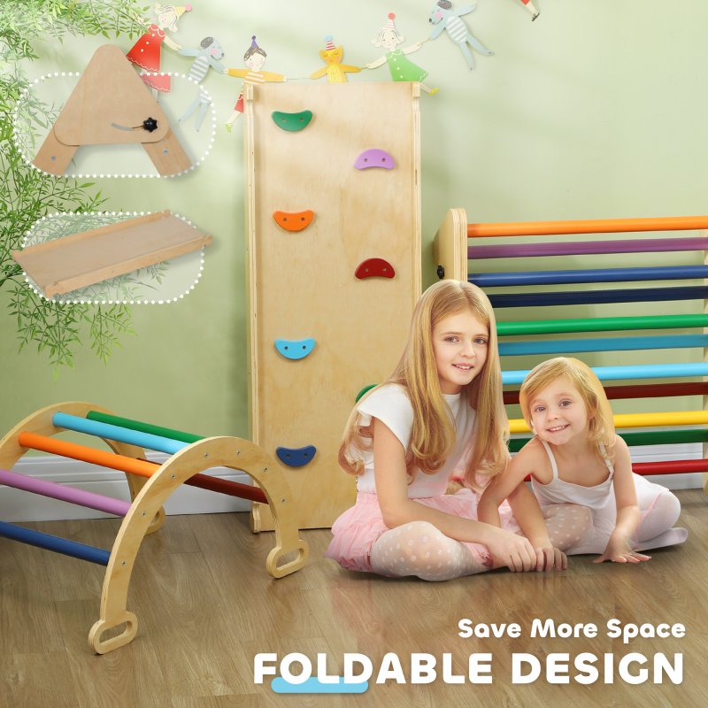 AIYAPLAY Toddler Climbing Frame, 5 In 1 Wooden Indoor Climbing Frame with Ramp, Arch, Foldable Pikler Triangle Set for Kids 18-48 Months, Multicoloured
