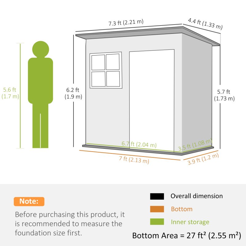 Outsunny 7 x 4ft Storage Shed Galvanised Steel Garden Shed, Metal Shed with Foundation Kit, Window, Lockable Wide Door and Air Vents for Outdoor Patio, Dark Grey