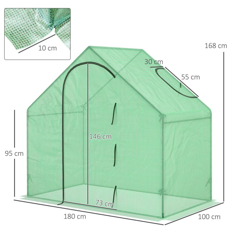 Outsunny Walk In Tomato Greenhouse Garden Outdoor Mini Greenhouse Flower Planter Steel Frame with Zipped Door & Window, PE Cover, 180 x 100 x 168CM, Green