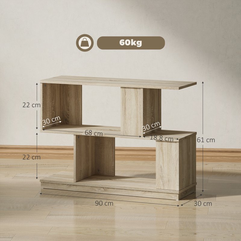 HOMCOM S-Shaped Side Table, 3-Tier Narrow End Table with Storage Shelves, Modern Nightstand for Living Room, Bedroom, 90W x 30D x 61H cm, Natural Wood Finish
