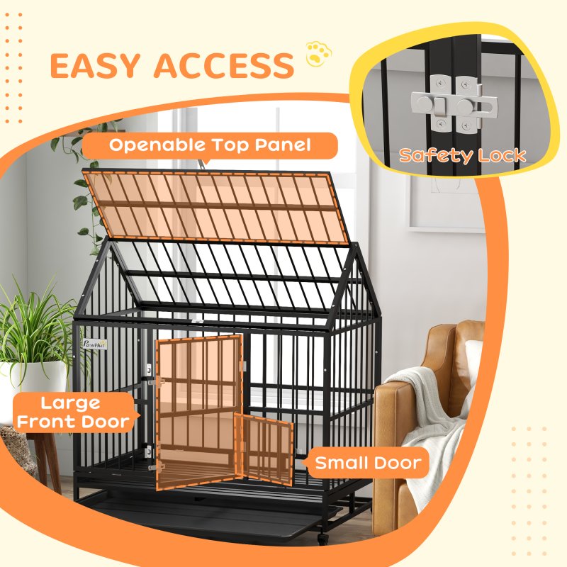 PawHut 48" Heavy Duty Dog Crate, Indoor Outdoor Dog Cage on Wheels with Locks, Removable Tray, Openable Top, 2 Doors, for Large and Extra Large Dog - Black