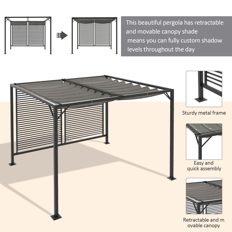 Outsunny 2.8 x 3(m) Metal Outdoor Pergola with Retractable Roof, Outdoor Gazebo Canopy Shelter with Grommet Holes for Garden, Patio, Lawn, Grey