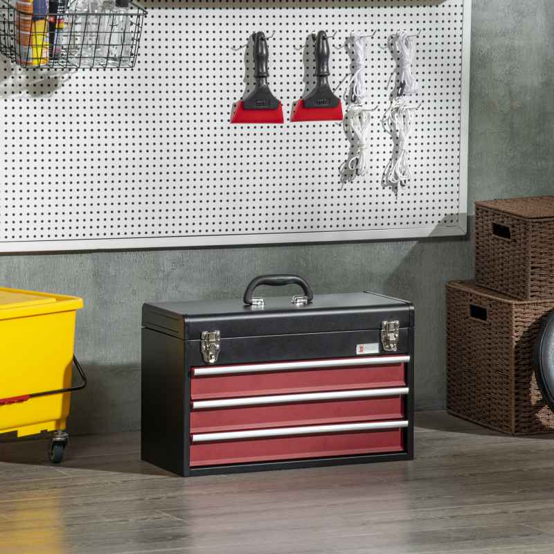 DURHAND 3 Drawer Tool Chest, Lockable Metal Tool Box with Ball Bearing Runners, Portable Toolbox, 510mm x 220mm x 320mm, Black