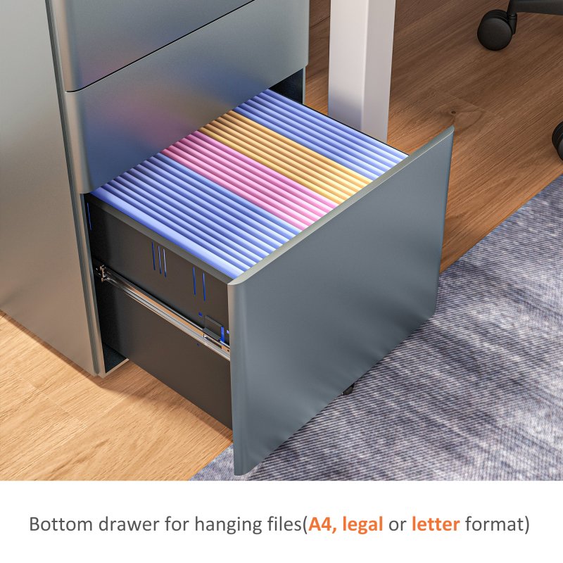 Vinsetto 3-Drawer Mobile Filing Cabinet, Steel Lockable File Cabinet for A4, Legal, Letter, Compact Under Desk Storage Unit with Pre-Assembled Body Except Wheels for Home Office, 39 x 48 x 59cm, Grey