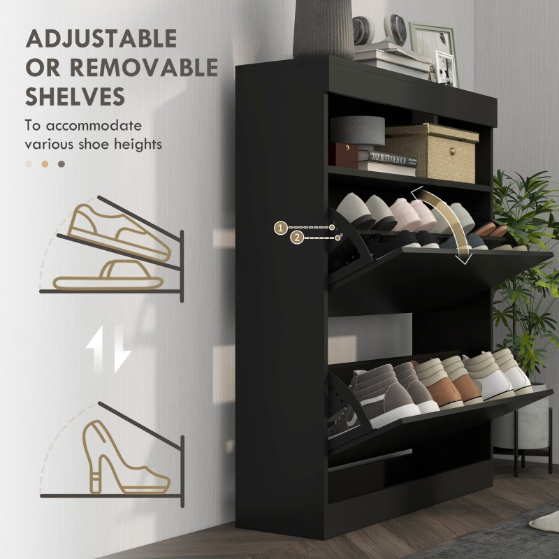 HOMCOM Narrow Shoe Cabinet, Wall Mounted or Freestanding Shoe Storage Cabinet with 2 Flip Drawers and Open Shelf for 12-16 Pairs of Shoes for Entryway, High Gloss