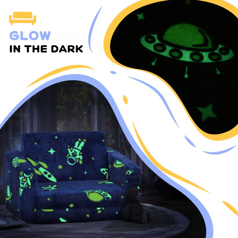 AIYAPLAY Kids Sofa Bed, 2 in 1 Kids Folding Bed Toddler Armchair with Glow in The Dark Cosmic Design, Washable Cushion and Cover, Convertible Kid Chair to Lounger for 1.5-3 Years Old, 1 Seater, Blue