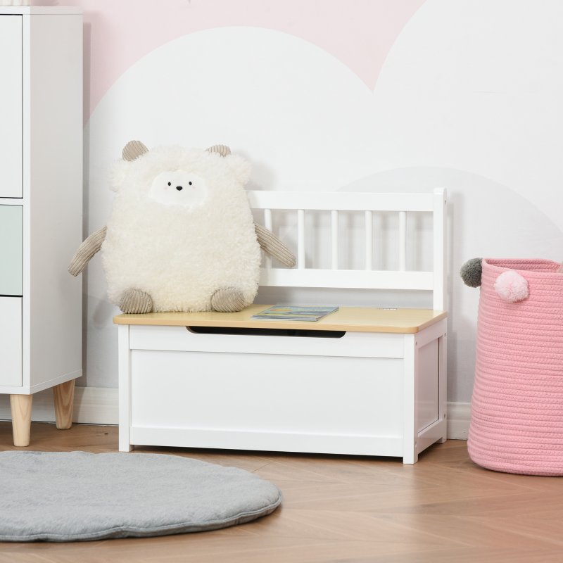 HOMCOM 2 In 1 Wooden Toy Box, Kids Seat Bench Storage Chest Cabinet Organiser w/ Safety Pneumatic Rod, 60 x 30 x 50cm - White