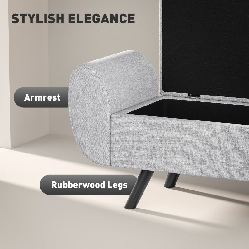 HOMCOM Storage Ottoman with Armrest, Upholstered Linen Storage Bench, Window Seat with Rubberwood Legs, Footstool for Bedroom Living Room, Hallway, Light Grey
