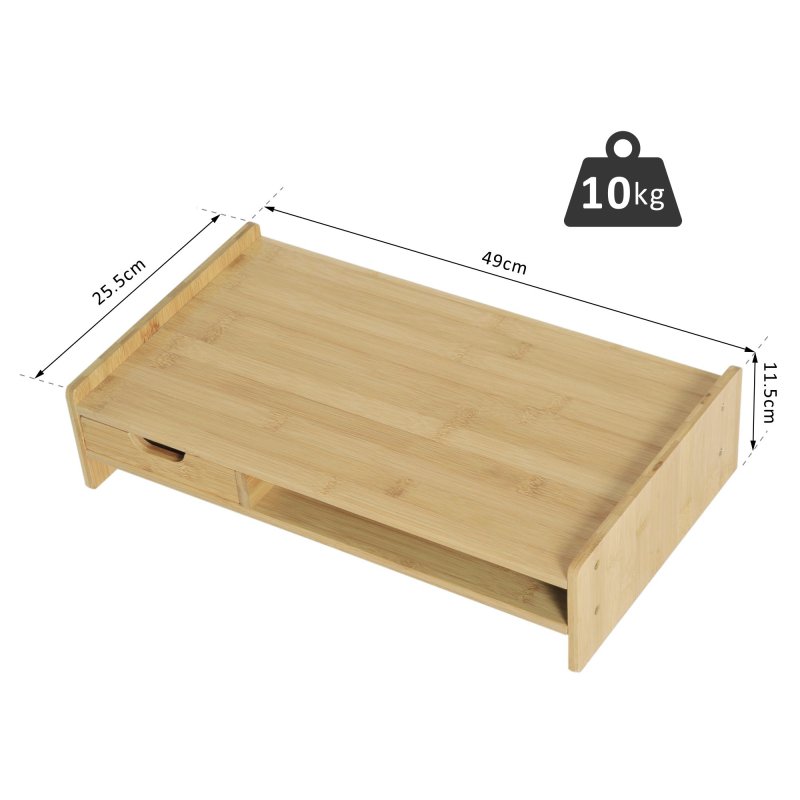 HOMCOM Monitor Riser Laptop PC Plinth Stand TV Computer Desktop Organiser W/ Drawer Bamboo