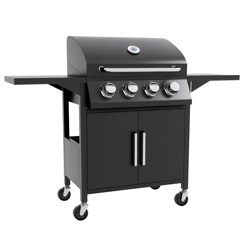 Outsunny 4 Burner Gas BBQ, Outdoor Grill, Portable Barbecue Trolley with Warming Rack, Side Shelves, Storage Cabinet, Thermometer, Carbon Steel, Black