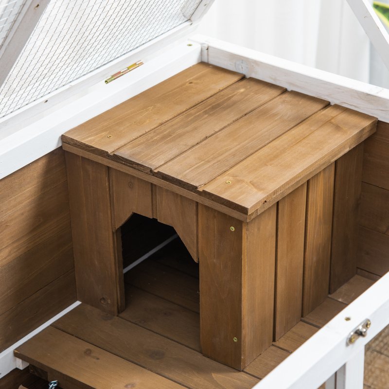 PawHut Rabbit Hutch Indoor Wooden Guinea Pig House Hamster Cage with Wheels, 2 Layers Bunny Cage with Openable Roof, 91.5 x 53.3 x 73 cm, Brown