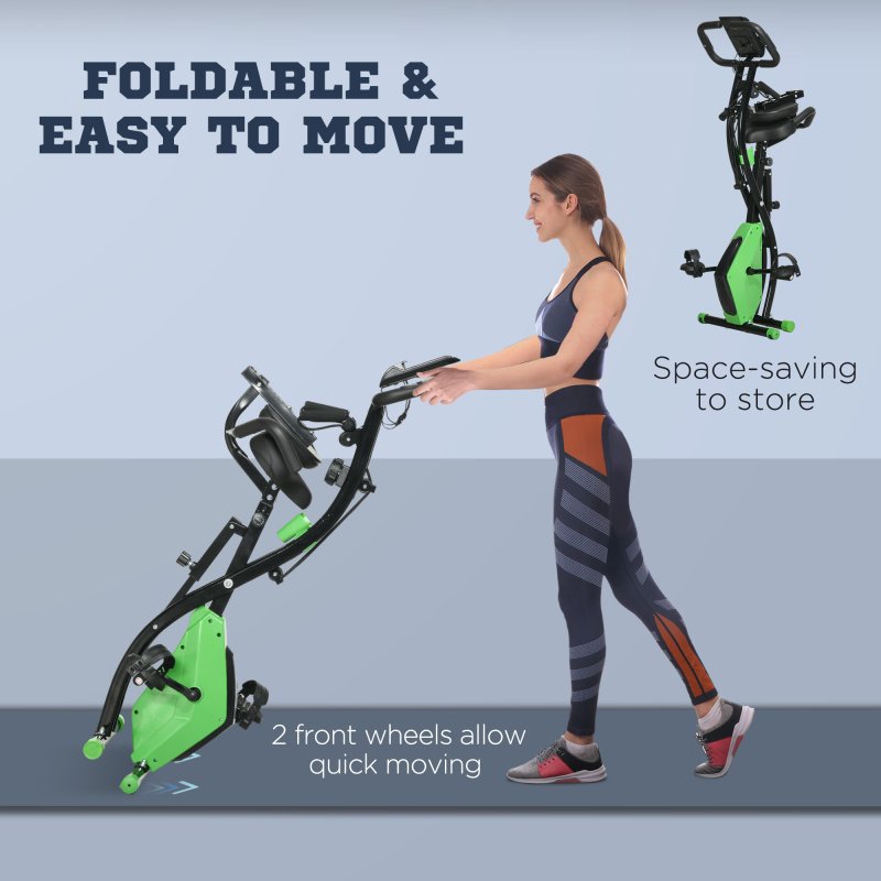 HOMCOM 2-in-1 Folding Exercise Bike, Foldable Stationary Bike with 8-Level Adjustable Magnetic Resistance, Arm Resistance Band, Pulse Sensor and LCD Monitor, Green