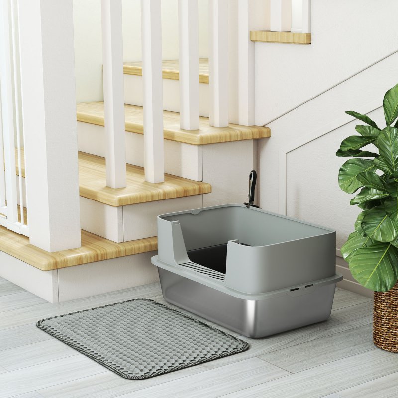 PawHut Stainless Steel Litter Box, High Sided Cat Litter Tray with Metal Scoop, Mat, Never Absorbs Odors, Anti Leakage & Easy to Clean, Pet Toilet for Big Cats, Grey