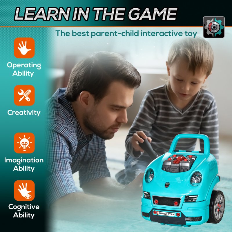 HOMCOM Kids Truck Engine Toy Set Toddler Educational Car Service Station w/ RC Car Key Steering Wheel Horn Light, Mechanic Gifts for Ages 3-5 Years - Teal